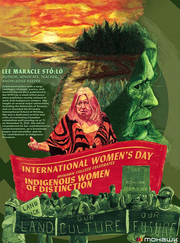 Full International Women's Day Poster Celebrating Lee Miracle featuring text and painting repesentations of the subject